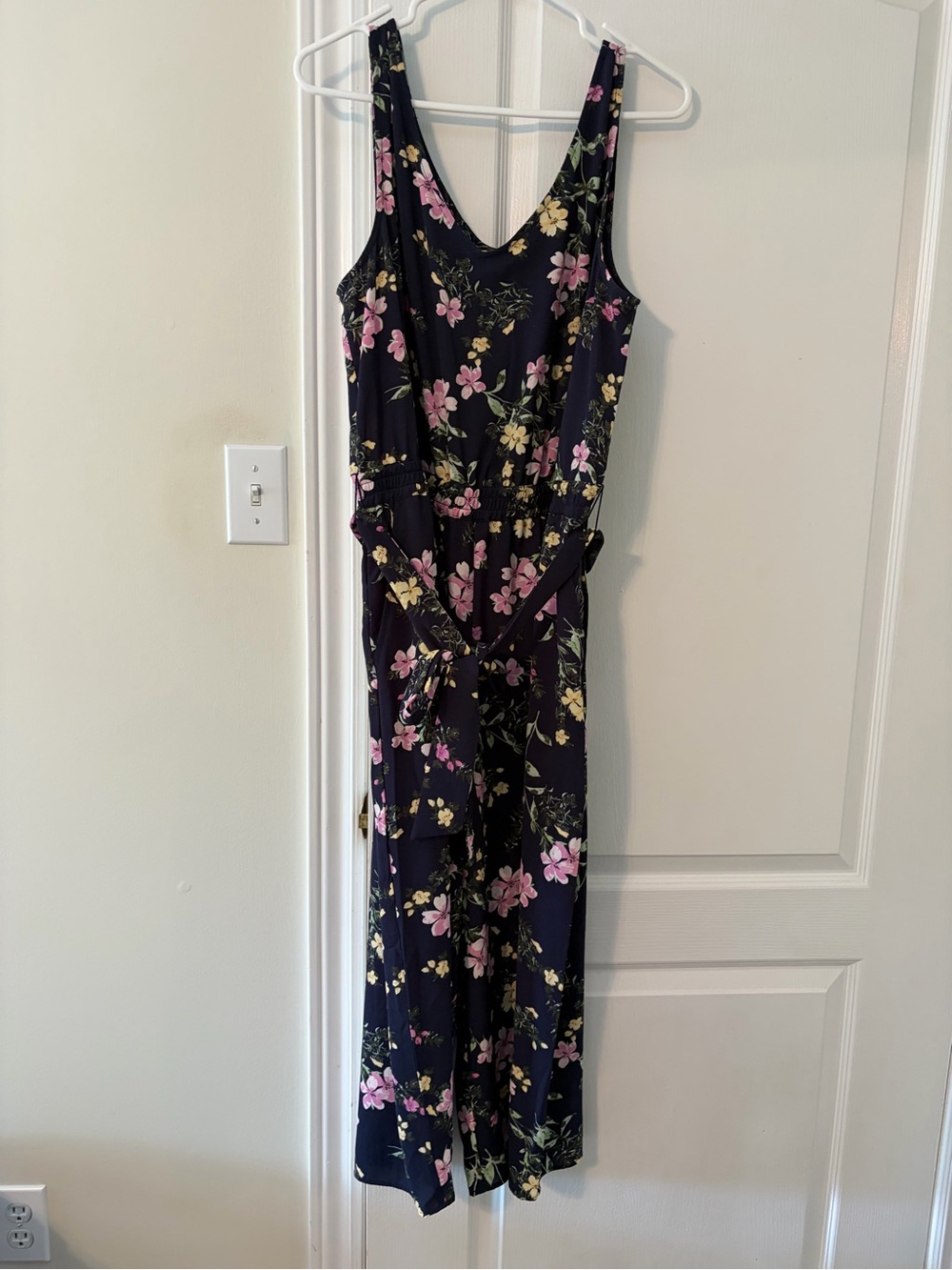 RW&CO. Navy Floral V-Neck Jumpsuit with Pink & Yellow Blooms
